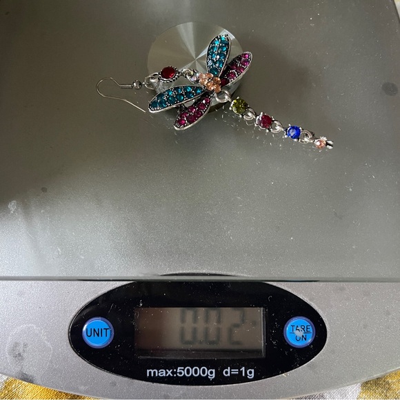 Dragonfly earrings large dangle hook silver rhinestones whimsical vintage - Picture 4 of 9